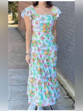 Smith and Quinn Bitty Cape Garden Floral Tiered Dress with Flutter Sleeves Small